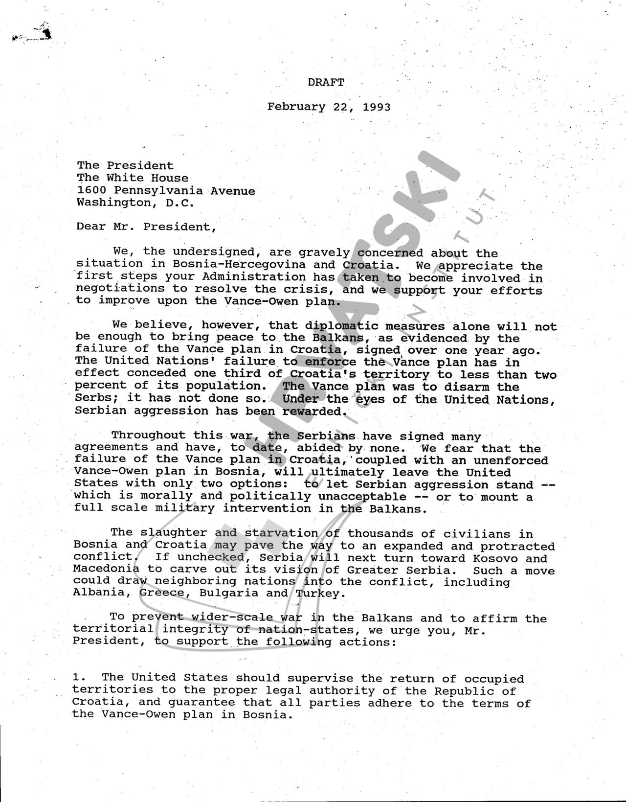 Letter to the President Clinton