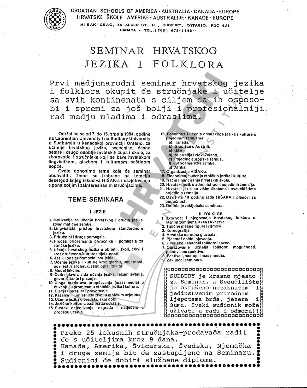 First Seminar of the Croatian Language and Folklore in Sudbury, Canada