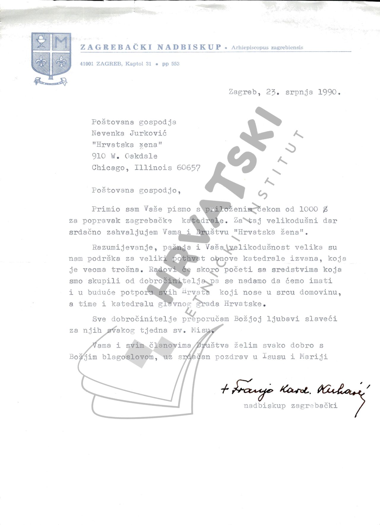 Archbishop Kuharić's thanks